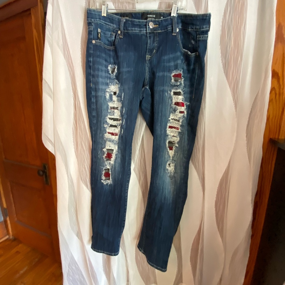 Torrid Premium Boyfriend Distressed Jeans with Plaid Underlay